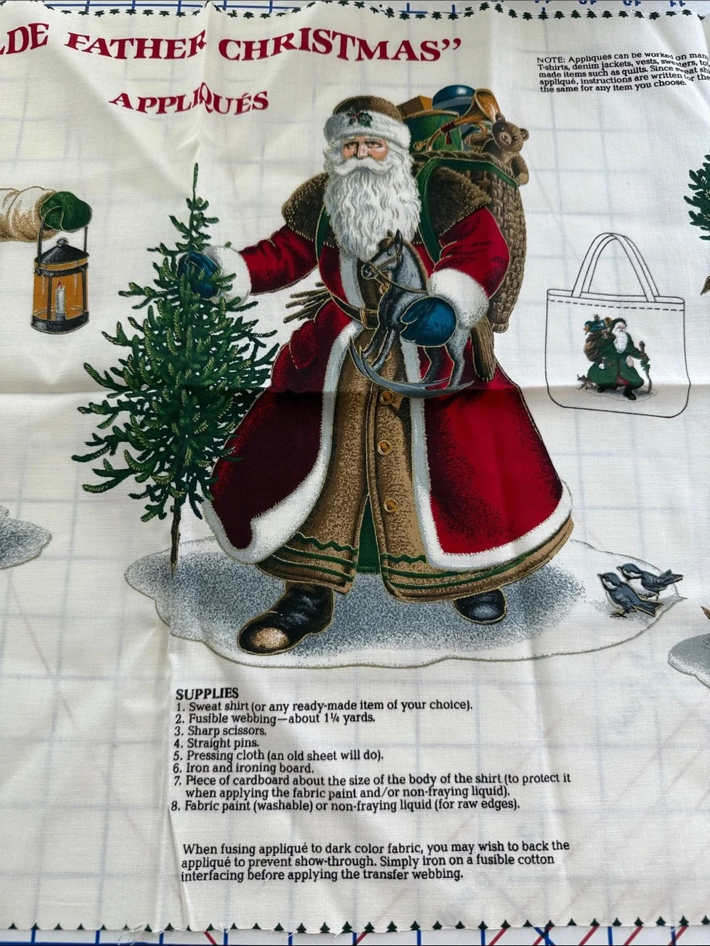 Vintage Olde Father Christmas Fabric Applique Panel Victorian Santa Uncut